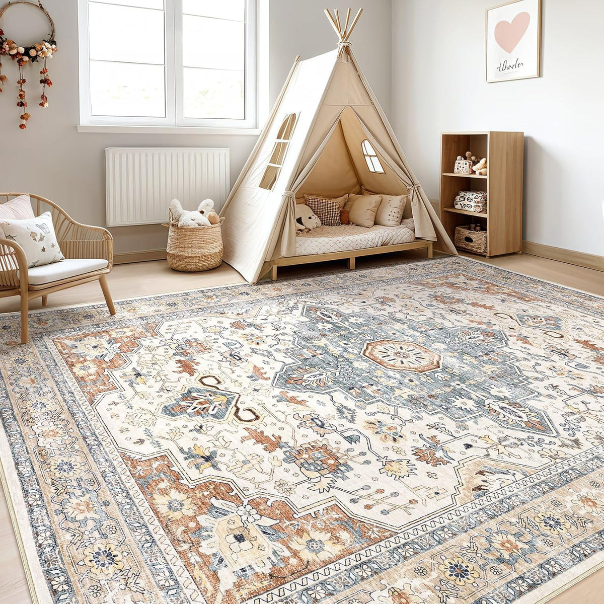 10x14 Area Rugs Living Room: Washable Boho Large Neutral Vintage Soft Rug Stain Resistant Distressed Farmhouse Non-Slip Indoor Floor Carpet for Bedroom Nursery Kids Office Dining Room- Beige Blue