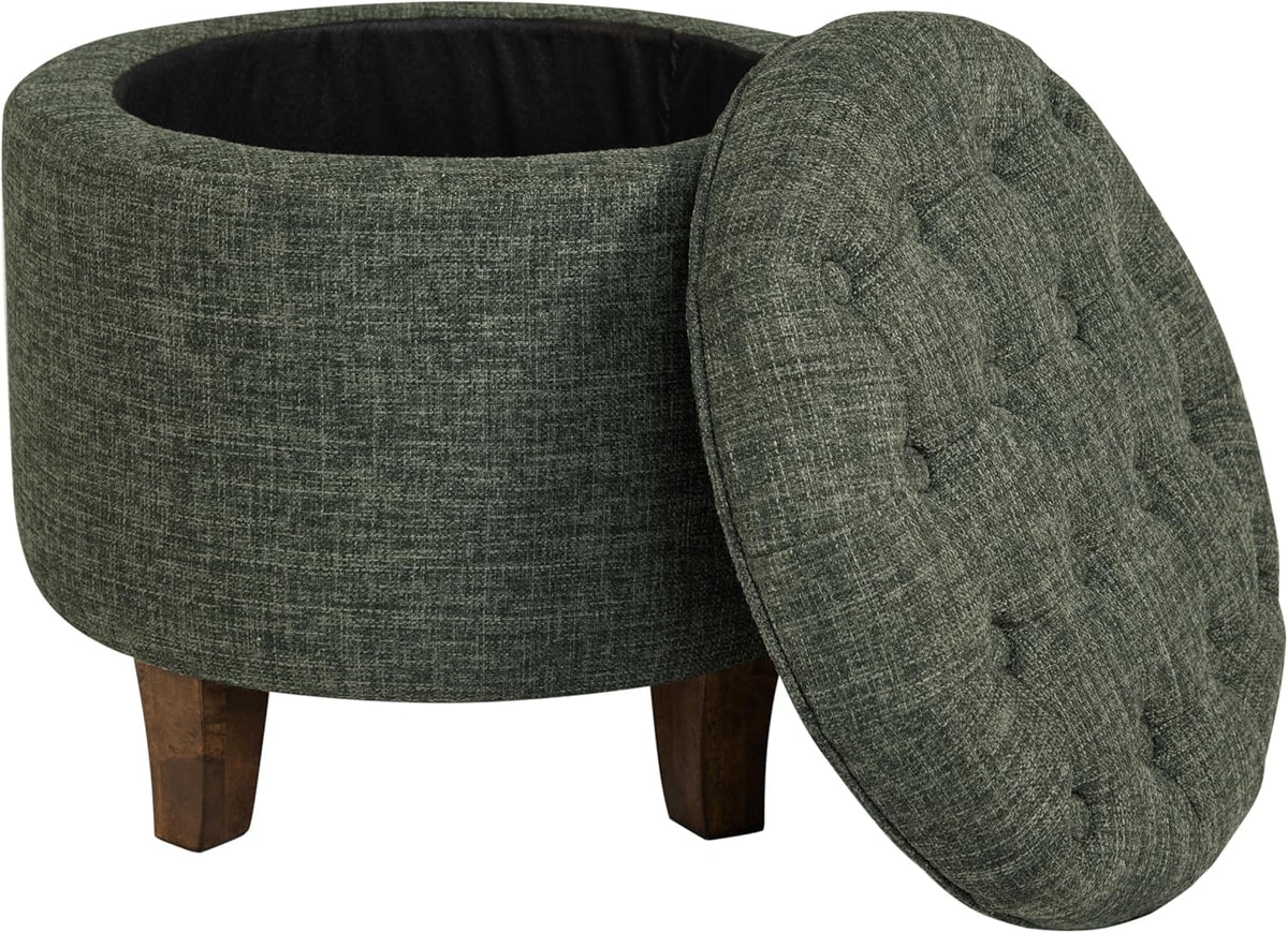 Homepop Home Decor | Upholstered Round Tufted Foot Rest Ottoman | Ottoman with Storage for Living Room & Bedroom | Decorative Home Furniture, Green Clover Fabric