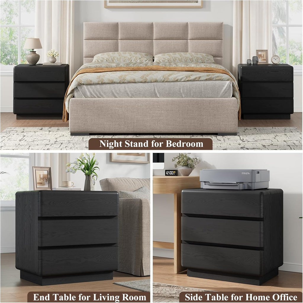 YANSNWO Black Nightstand with Charging Station, 23.6" Modern Night Stand with 3 Storage Drawers, Rounded Corner Design, Bedside Table with Reinforced Thickened Base for Bedroom, Living Room