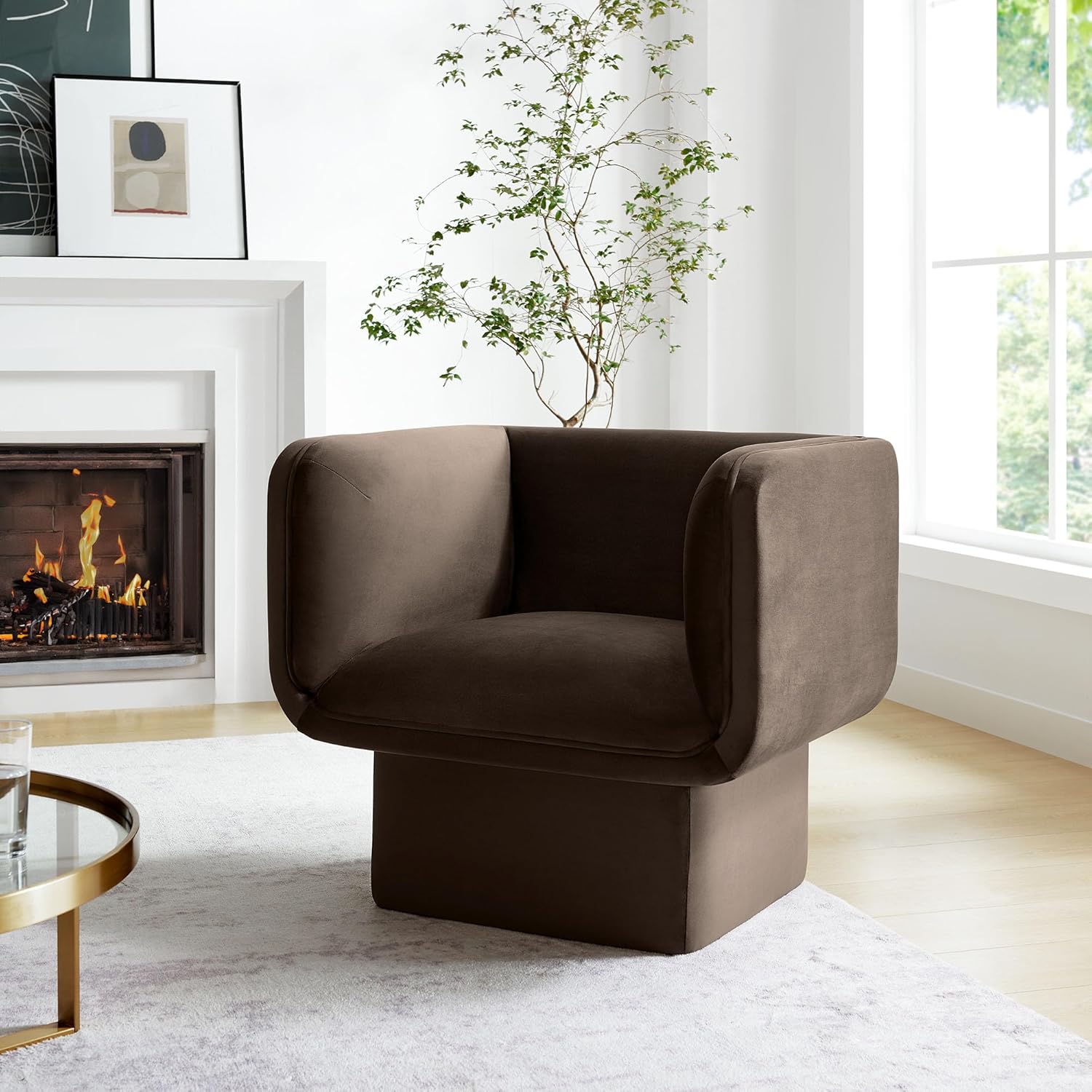 Modway Tate Performance Velvet Accent Chair in Chocolate Brown - Upholstered Club Chair - Modern Barrel Armchair - Comfy Reading Leisure Chair for Living Room, Bedroom, Office