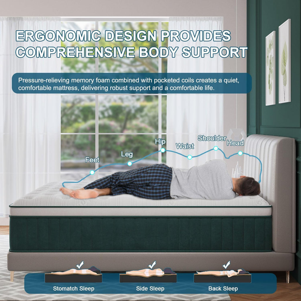 Queen Mattress, 14 Inch Hybrid Mattresses Green with Gel Memory Foam and Individually Pocket Innerspring Euro Top Medium Firm for Motion Isolation, Edge Support