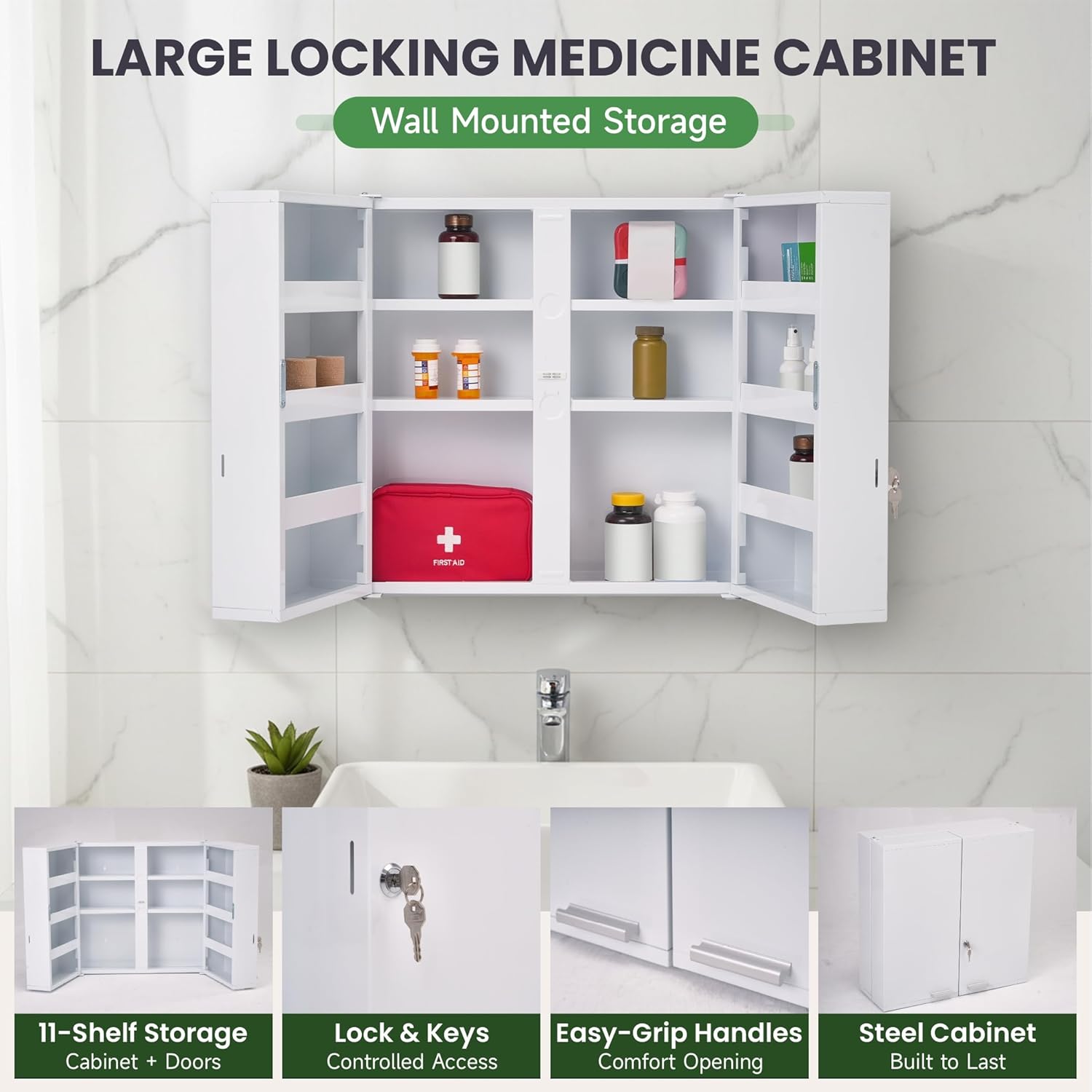 Large Locking Medicine Cabinet Wall Mounted - Metal Medical Cabinet with 11 Shelves - Medicine Cabinet with Lock and Keys for Safe Medication Storage