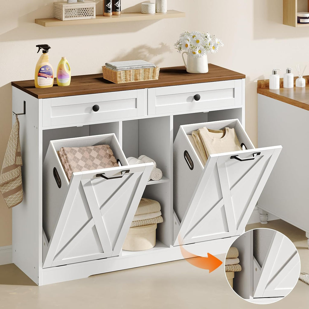 HOOBRO Double Tilt Out Laundry Hamper Cabinet, 23 Gallon Farmhouse Trash Can Cabinet with 2 Drawers and Open Shelving, Wooden Hidden Laundry Hamper, for Bathroom, Kitchen, White and Walnut WH11XY01