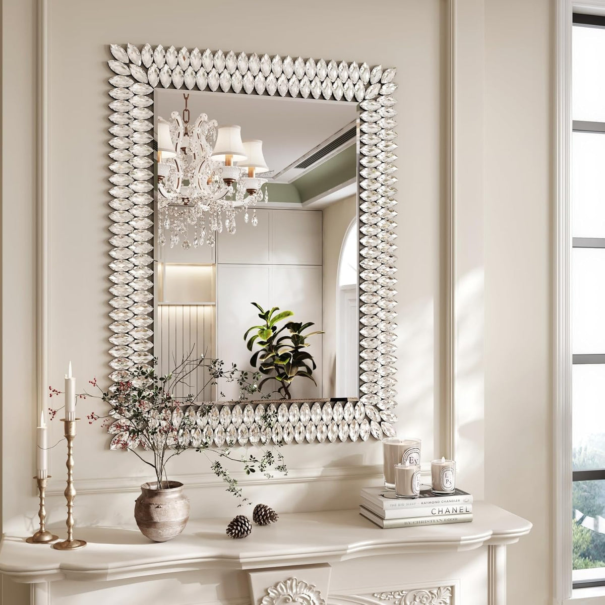 Kelly Miller 30"x40" Jeweled Bathroom Wall Mirror, Large Rectangle Decorative Mirror Luxury Vanity Mirror with Diamonds for Master Bath Half Bath Living Room Bedroom Fireplace Mantle Entryway