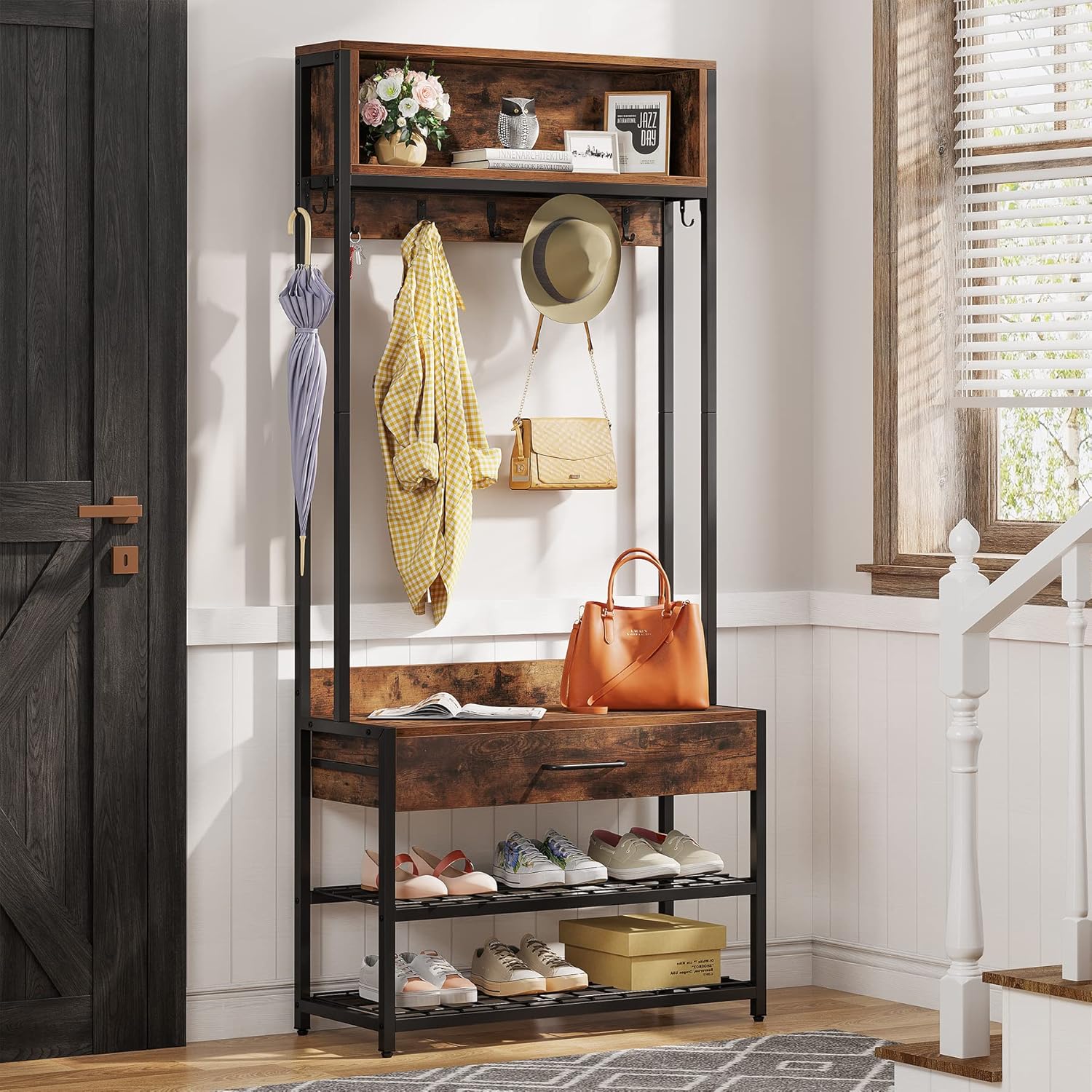 Tribesigns 3-in-1 Entryway Hall Tree with Drawer, Vintage Industrial Coat Rack with Shoe Bench and Hutch, Mudroom Bench with Shoe Storage Rack and 9 Hooks for Living Room Bedroom (Brown)