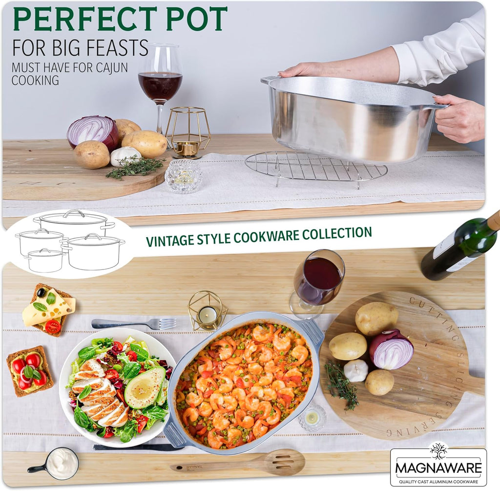 MAGNAWARE Cast Aluminum Oval Dutch Oven with Lid — 8 QT Heavy Duty Roaster Pan with Rack & Silicone Cover Dual Handles — Cajun Cookware for Roasting, Baking, Cooking (13" Medium)