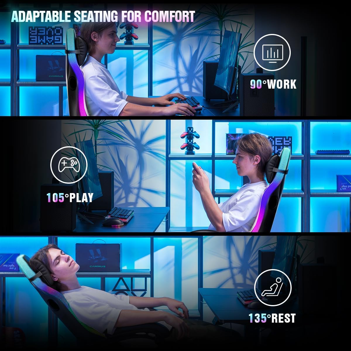 GTPLAYER Gaming Chair, Computer Chair with RGB LED Lights, High Back Ergonomic Chair for Adults with Footrest and Linkage Armrests& Headrest Lumbar Support (with Bluetooth Speakers)