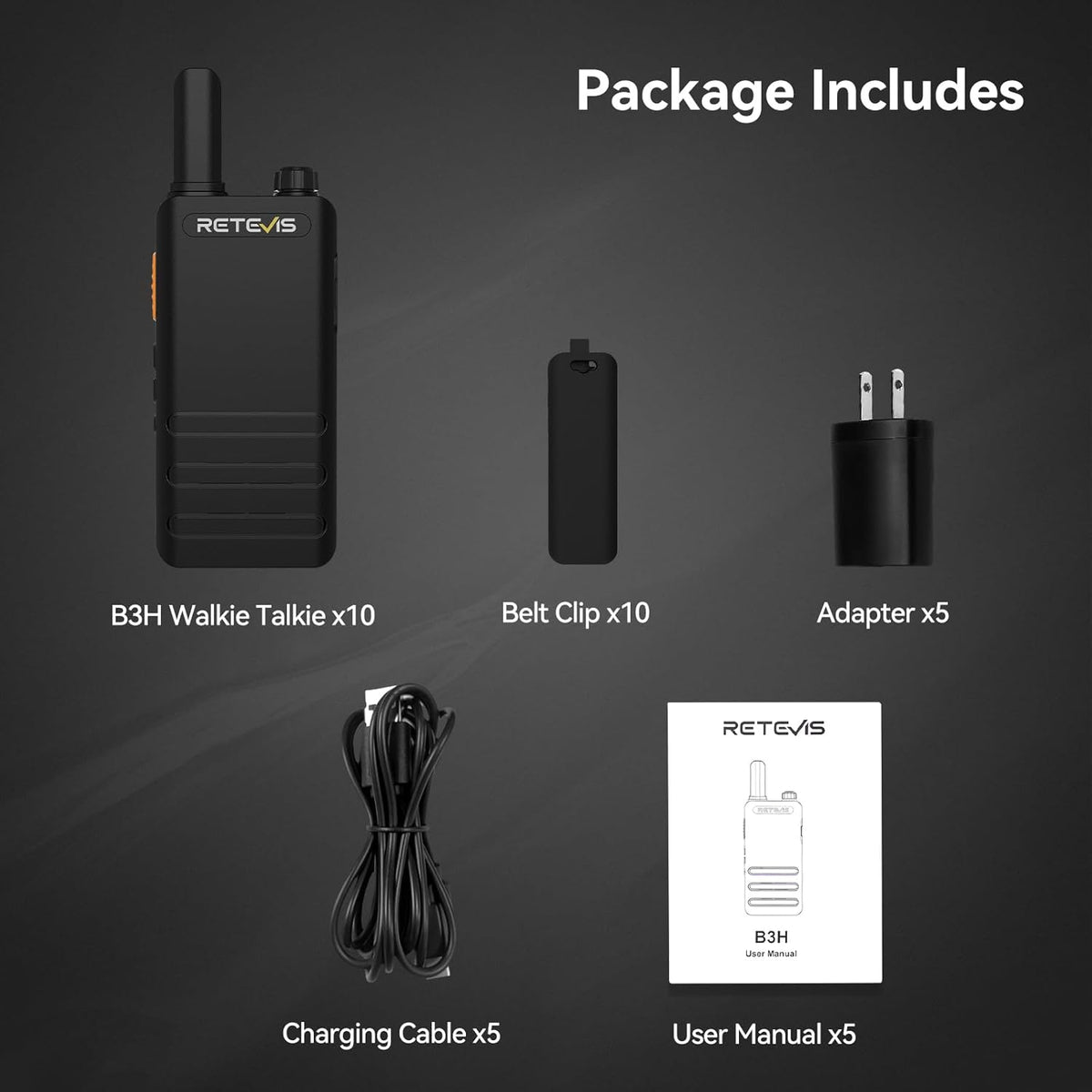 Retevis B3H Small Walkie talkies with LED Diaplay, New Version of RT22(3.0), Ultra Slim, USB-C Rechargeable, with 1620 mAh Battery, Portable FRS Two-Way Radios for Hotel School Restaurant (10 Pack)