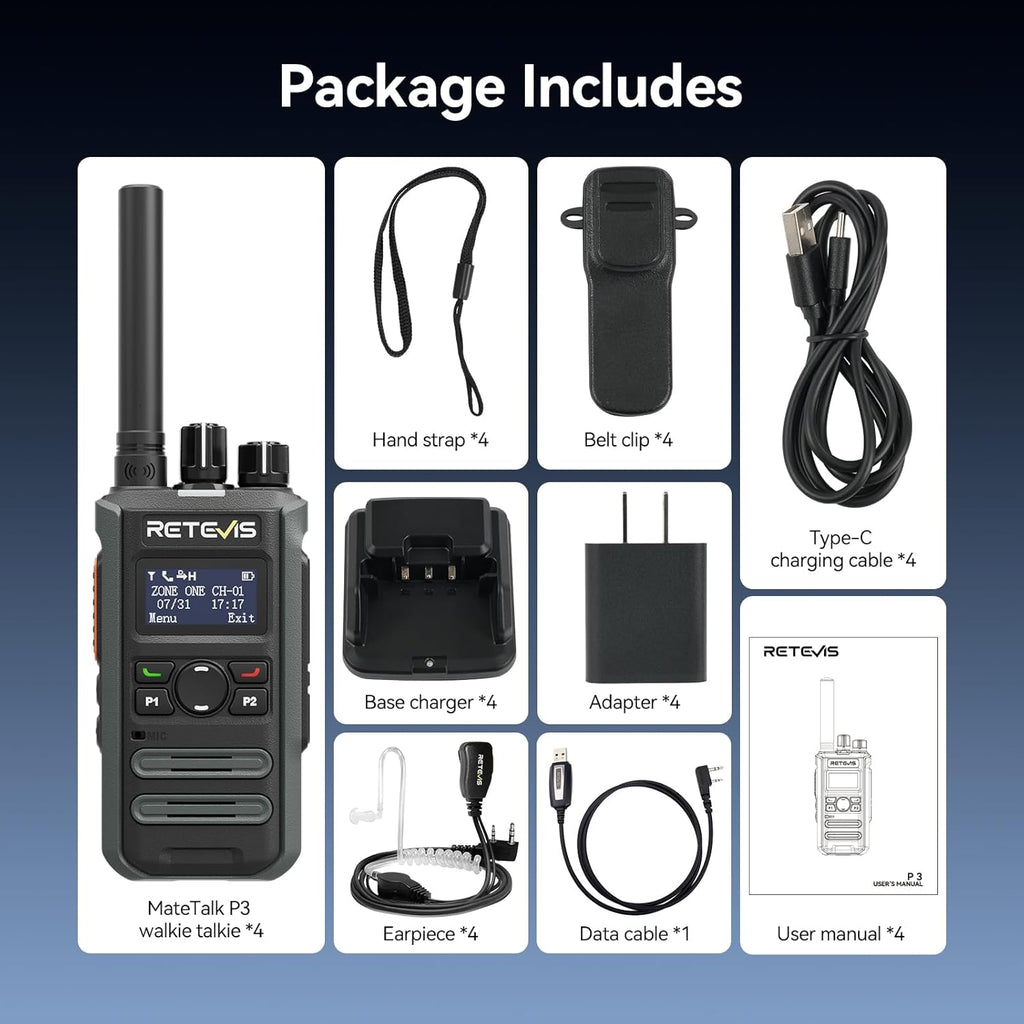 Retevis MateTalk P3 Digital Walkie Talkies with Earpiece, High Power,Compatible with Motorola Radio,DMR & Analog Dual Mode 2 Way Radio with SMS, LCD Screen, Professional Radio for Hotel(4 Pack)