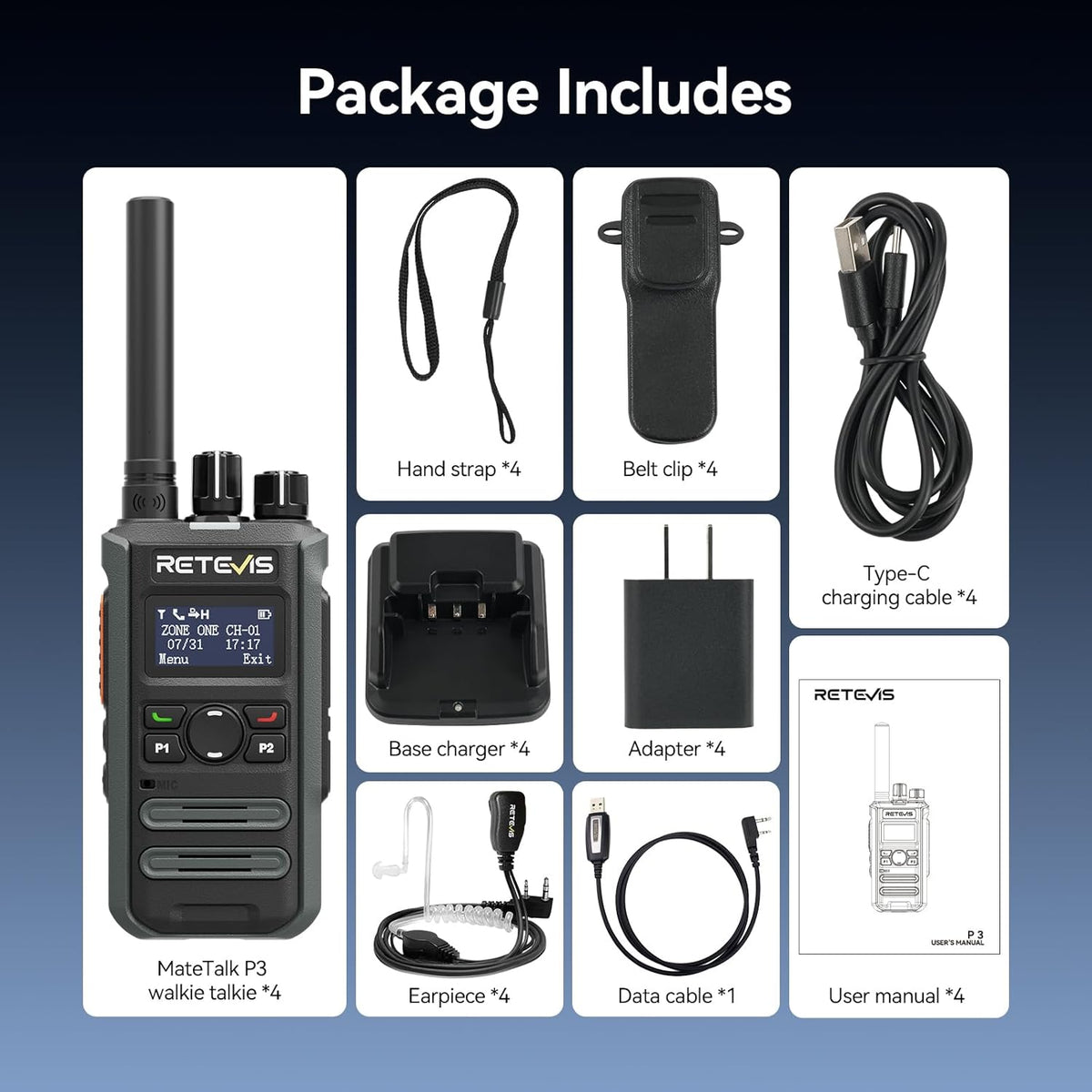 Retevis MateTalk P3 Digital Walkie Talkies with Earpiece, High Power,Compatible with Motorola Radio,DMR & Analog Dual Mode 2 Way Radio with SMS, LCD Screen, Professional Radio for Hotel(4 Pack)