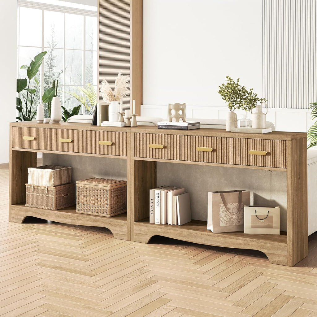 Fluted Console Table with Drawers, 47" Narrow Entryway Table with 3 Drawers and Open Storage Shelf, Long Sofa Tables Modern Behind Couch Tables for Living Room, Foyer and Hallway