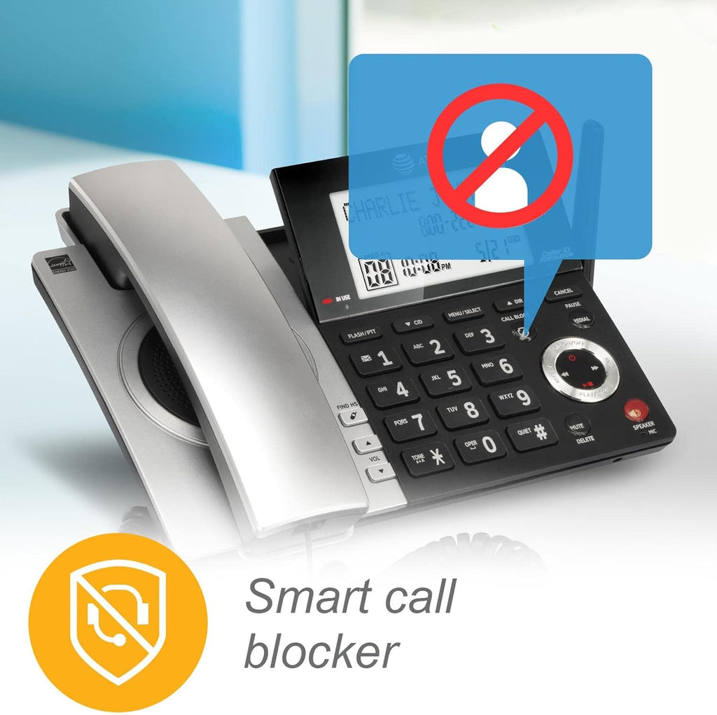 AT&T CL84207 DECT 6.0 2-Handset Corded/Cordless Phone for Home with Long Range, Answering Machine, Call Blocking, Caller ID Announcer, Intercom, and Line-power mode, Silver/Black
