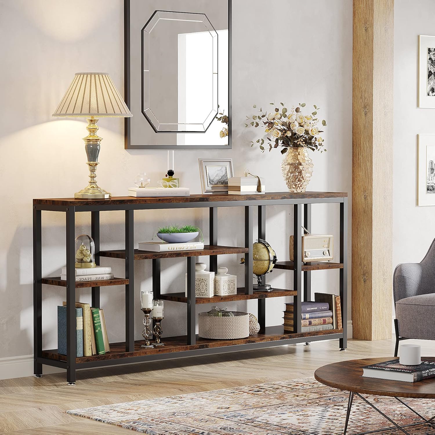 Tribesigns Console Sofa Table, 70.9 inch Extra Long Table Behind Couch with Storage Shelves, 3-Tier Industrial Narrow Entryway Hallway Accent Table for Living Room, Rustic Brown