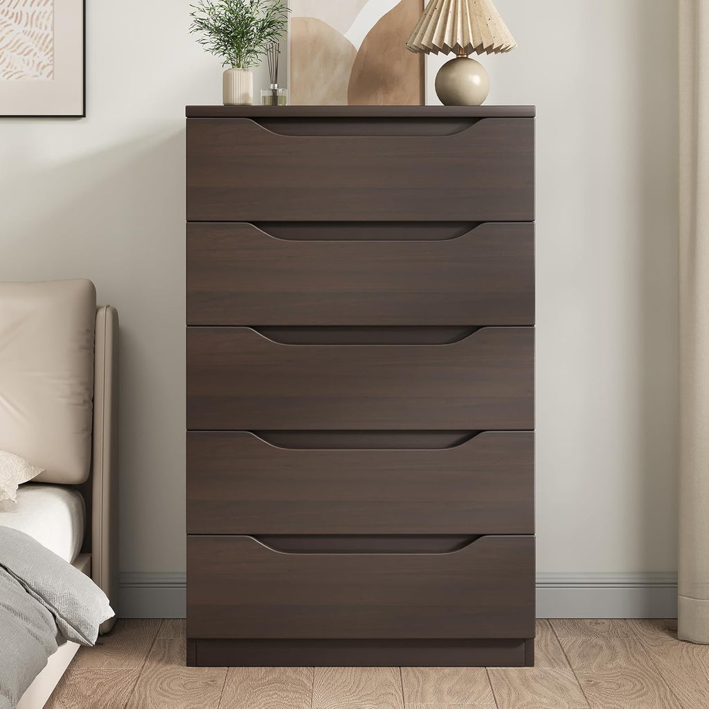 Brown Tall 5 Drawer Dresser for Bedroom with Hidden Storage Design, Large Modern Closet Dressers & Chests of Drawers with Cut-Out Handles, 27.6" L*15.8" W*45.3" H for Bedroom, Living Room, Nursery