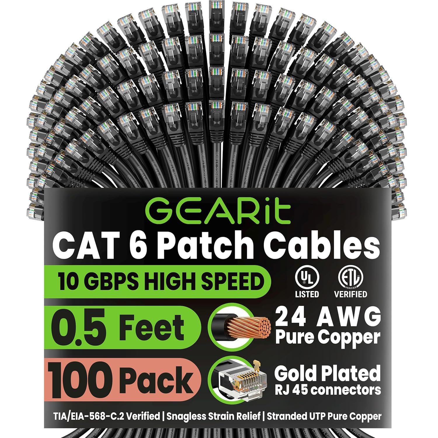GEARit Cat 6 Ethernet Cable Pack - 100-Pack 0.5 ft Cat6 Ethernet Patch Cables | RJ45 Network Patch Cable, 10 Gbps Snagless Gold-Plated Connectors - Ethernet Cable Cat 6 for PC, TV, Router - Black