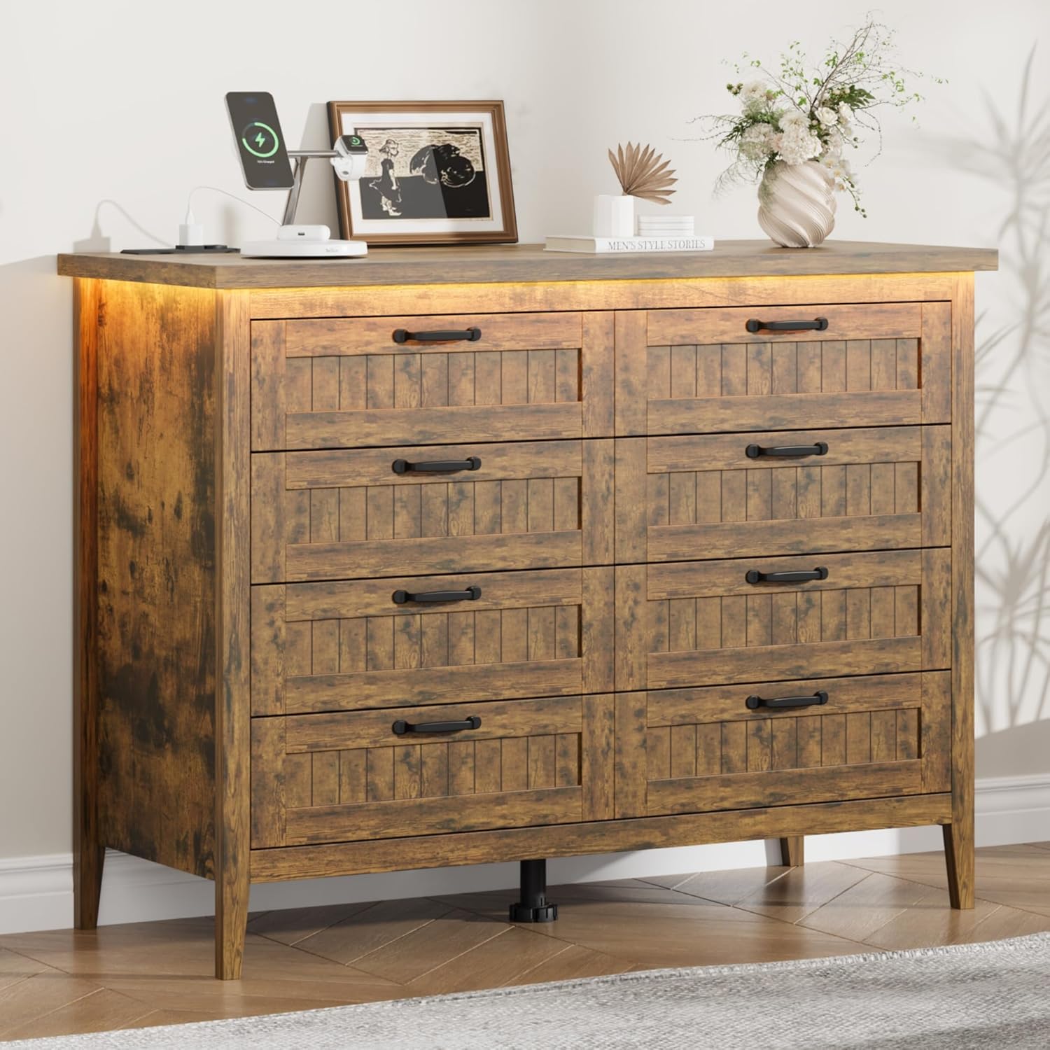 Garvee Rustic Brown Dresser for Bedroom, 8 Drawer Dresser with LED Lights and Power Outlet, Closet Dressers Chests of Drawers, Double Wooden Dressers for Entryway, Hallway