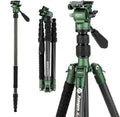 Fotopro 59" Carbon Fiber Travel Tripod with Fluid Head Detachable Monopod with Quick Release Plate and Bag Camera Tripod Load up to 8KG/17.63lbs X-go E2 Video Green