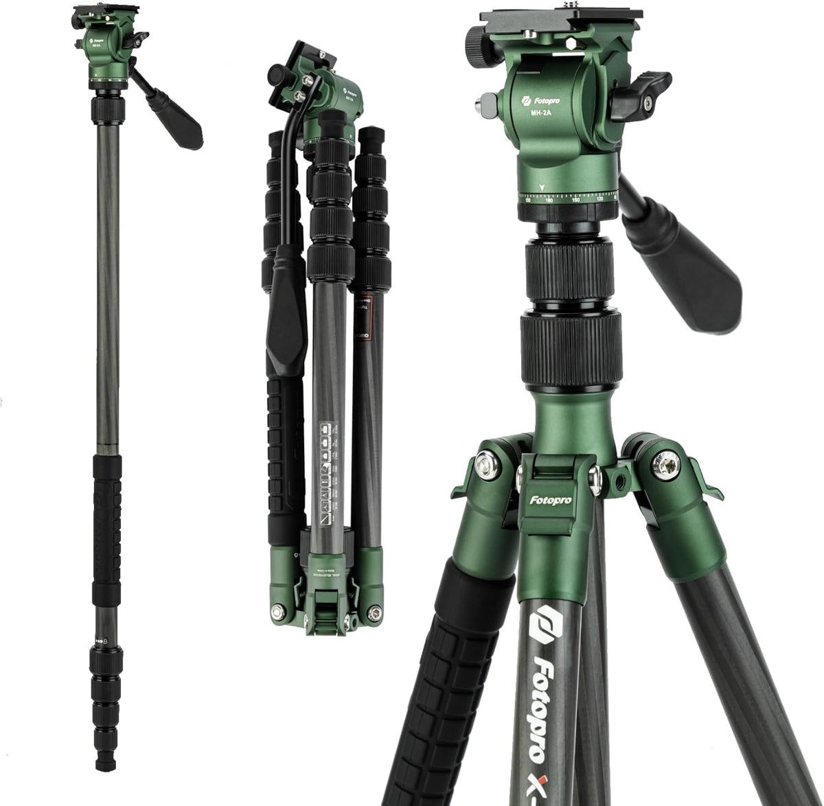Fotopro 59" Carbon Fiber Travel Tripod with Fluid Head Detachable Monopod with Quick Release Plate and Bag Camera Tripod Load up to 8KG/17.63lbs X-go E2 Video Green
