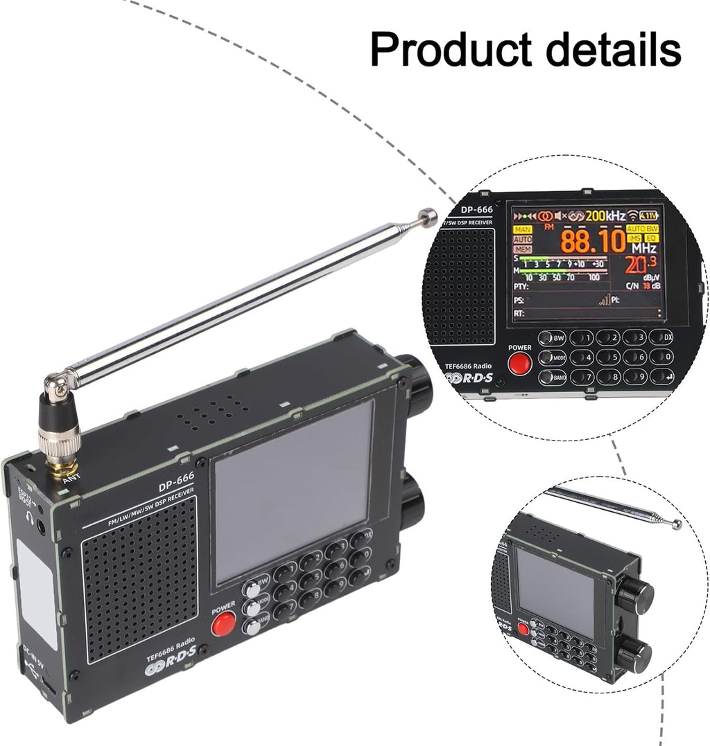 DP-666 TEF6686 Full Band Radio, FM AM Shortwave Radio RDS, 2.8 Inch Resistive Touch LCD Color Screen, Portable High Sensitivity Travel Radio(Black)