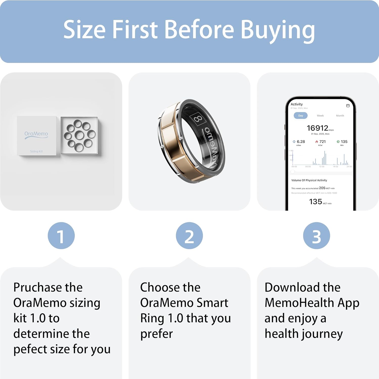 Smart Ring 1.0 for Men/Women, No Subscription Fee, 7-8 Days Battery Life, HRV/Stress Monitoring/Sleep Track/Fitness for iOS and Android, Matte Gold & Silver, Size 9