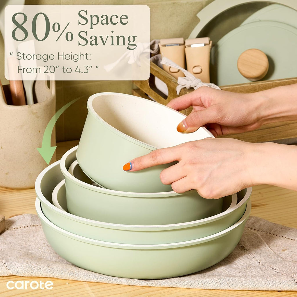 CAROTE 25pcs Pots and Pans Set Non Stick, Cookware Sets, Kitchen Set, Oven/Dishwasher/Fridge Safe, Space Saving Pots Set, Nonstick Set with Versatile Detachable Handle, Induction RV Set, Green