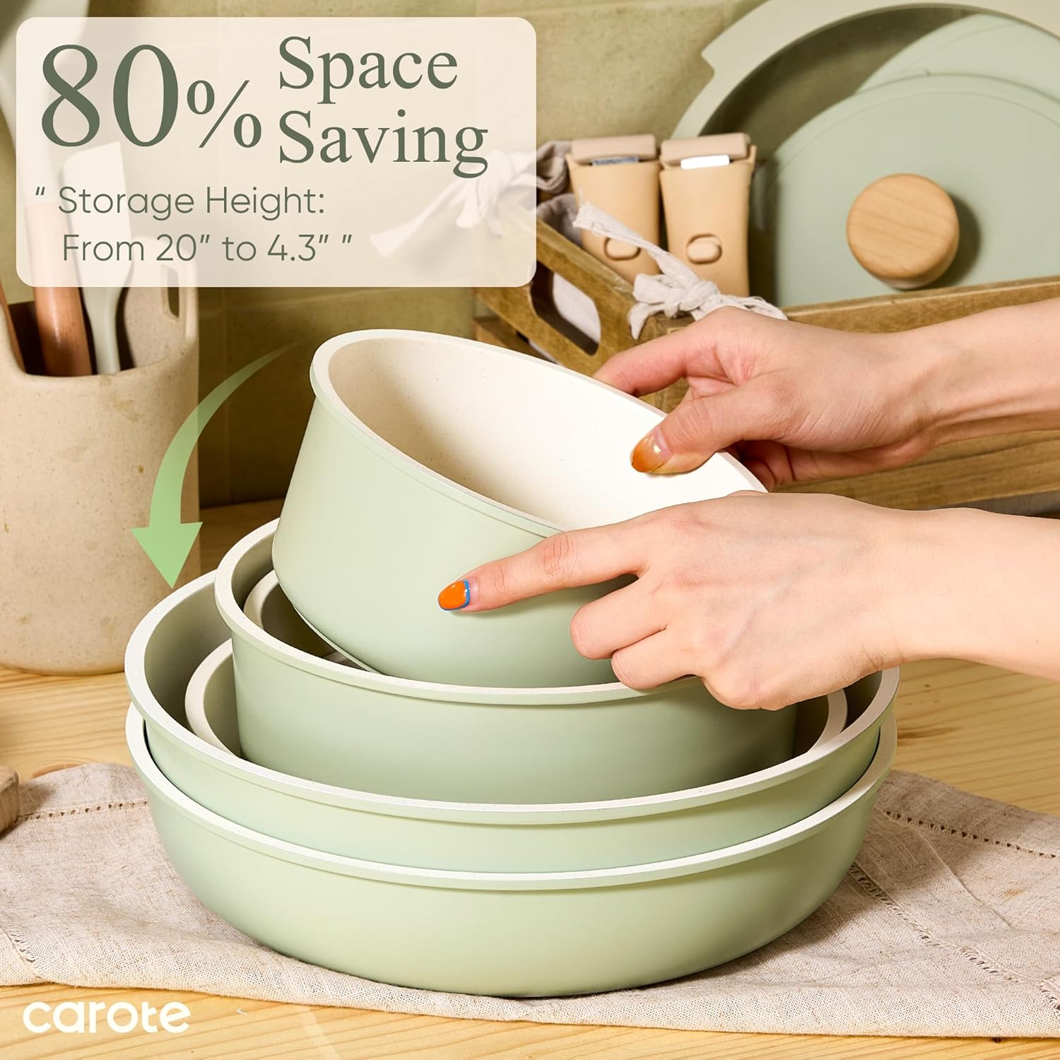 CAROTE 25pcs Pots and Pans Set Non Stick, Cookware Sets, Kitchen Set, Oven/Dishwasher/Fridge Safe, Space Saving Pots Set, Nonstick Set with Versatile Detachable Handle, Induction RV Set, Green