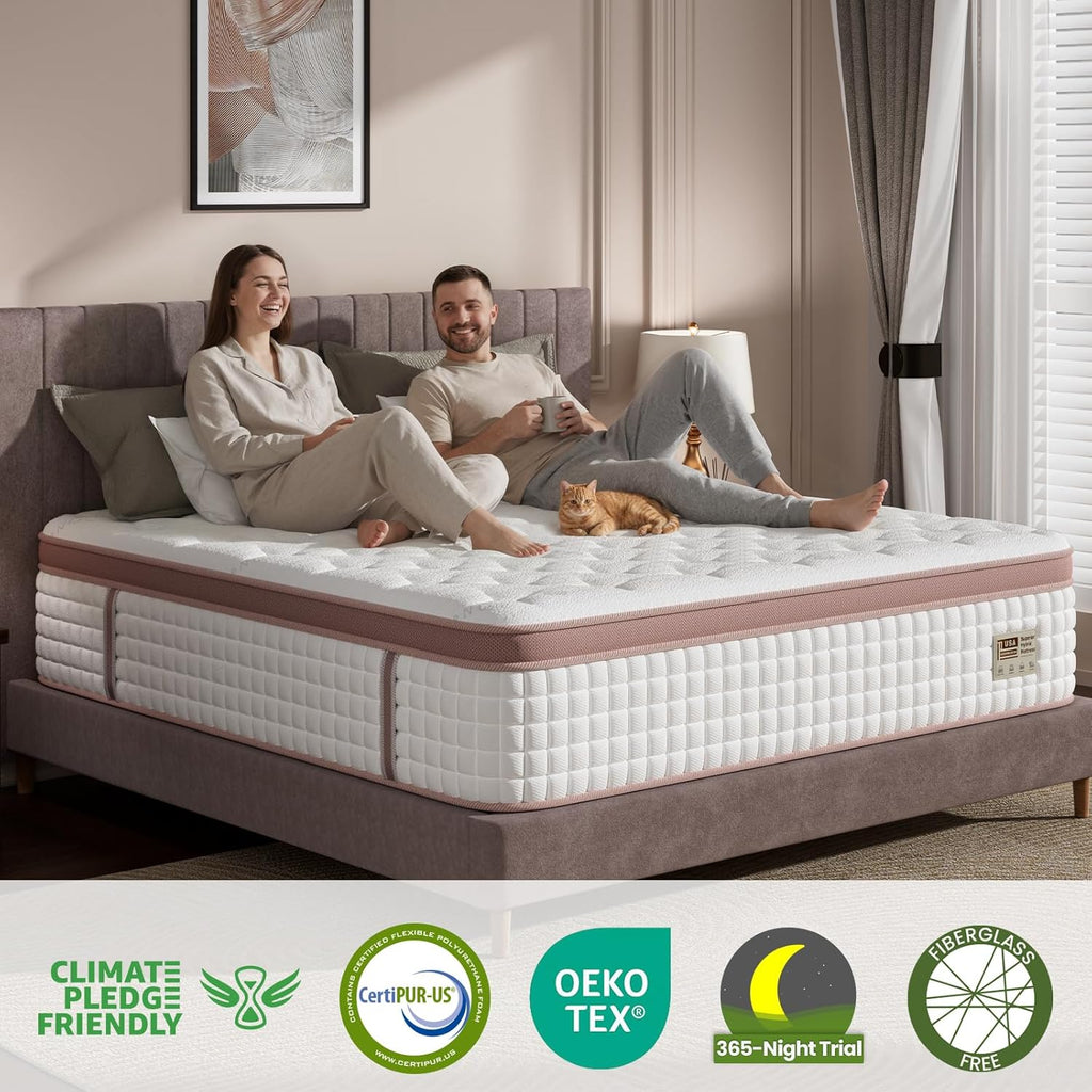 Queen Mattress 14 Inch, Firm Hybrid Mattresses in a Box for Spinal Alignment and Back Pain Relief, Motion Isolation, CertiPUR-US & Fiberglass-Free,
