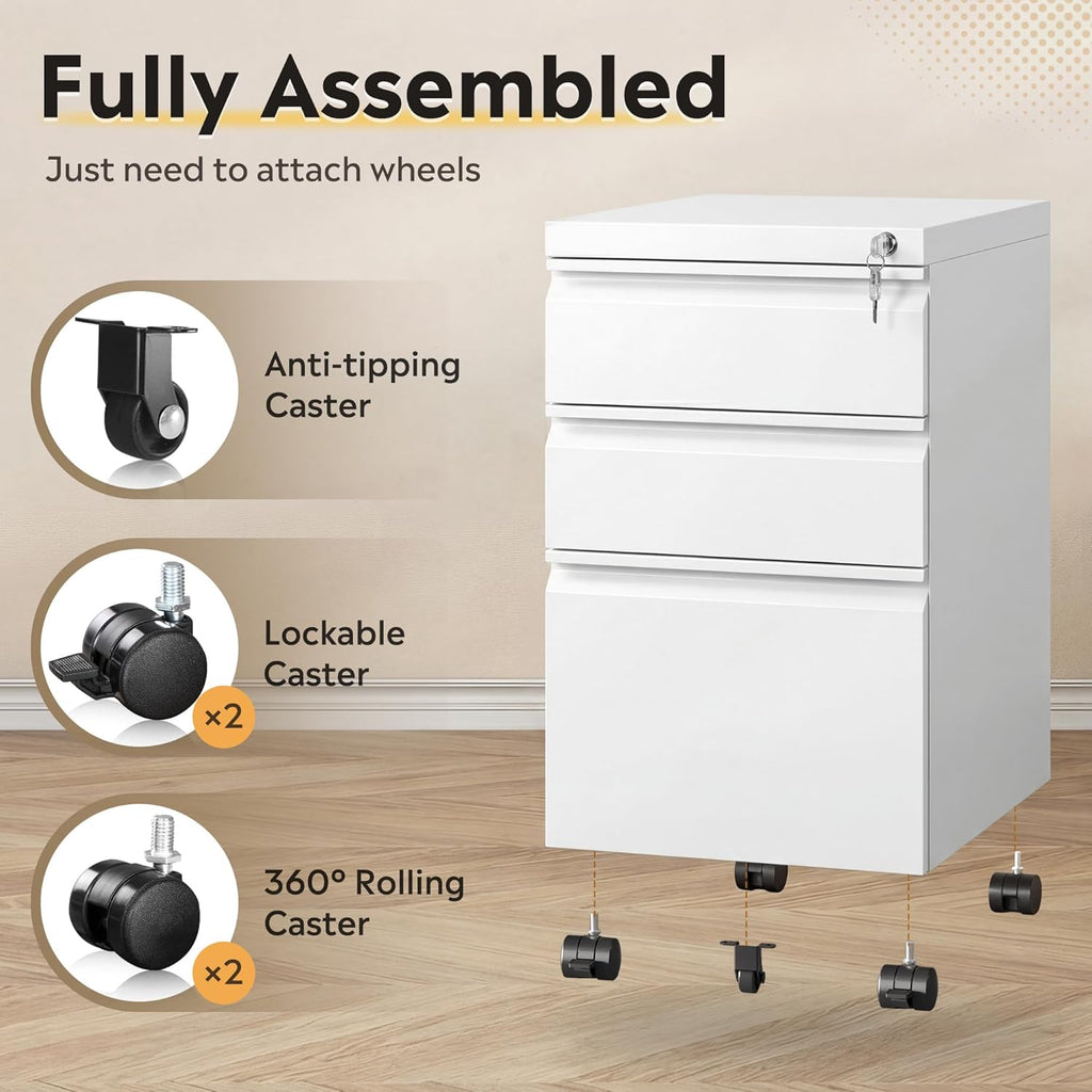 DEVAISE 3-Drawer Mobile File Cabinet (Under Office Desk), Assembled Except Casters, Fits Letter/Standard Sizes, White