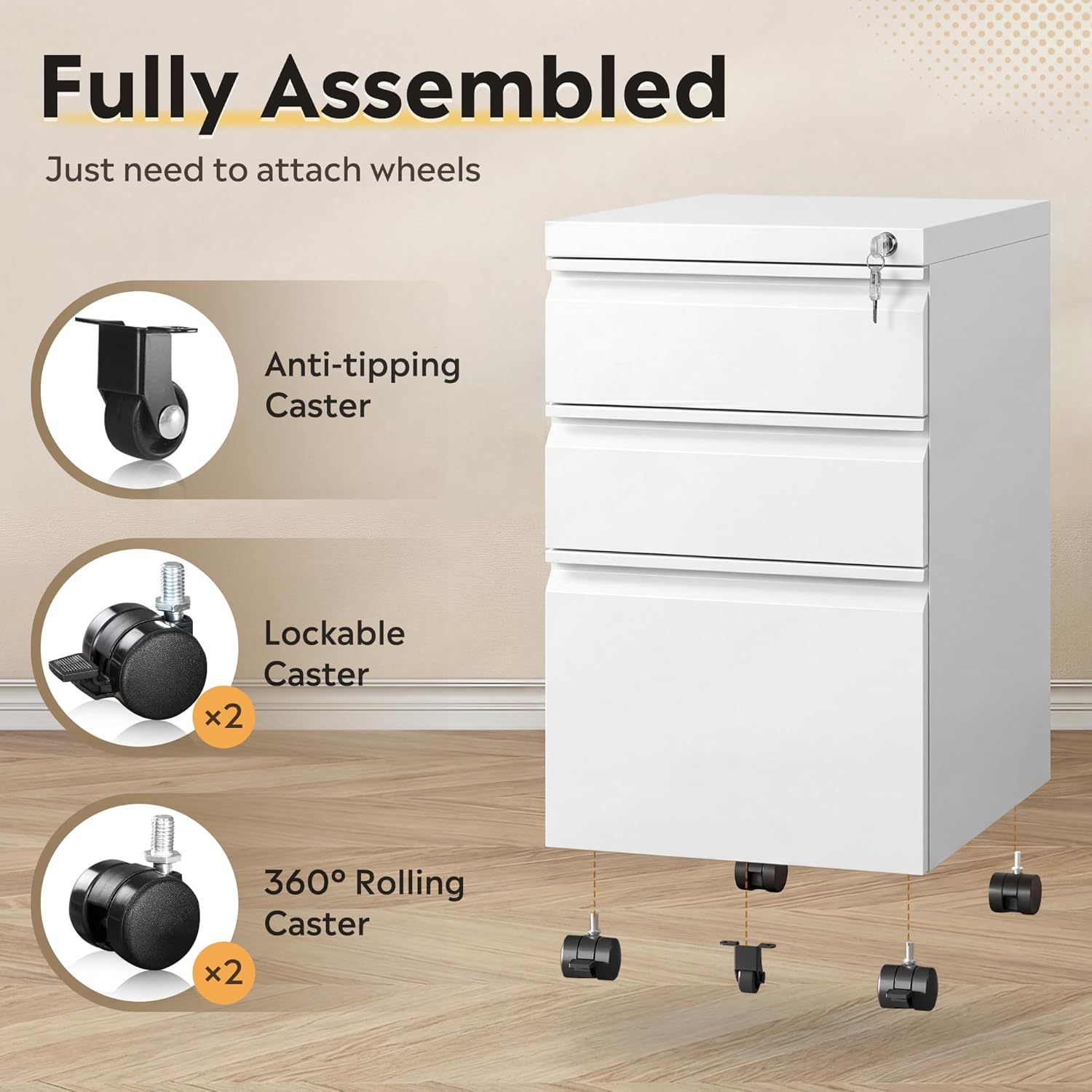 DEVAISE 3-Drawer Mobile File Cabinet (Under Office Desk), Assembled Except Casters, Fits Letter/Standard Sizes, White