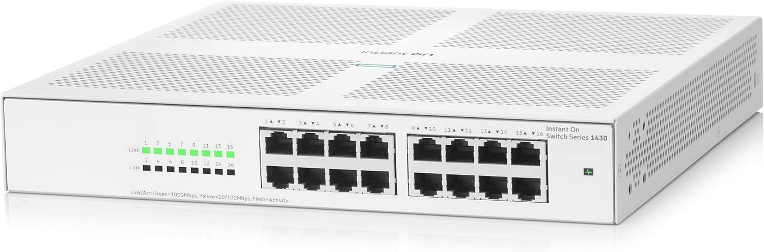 HPE Networking Instant On Switch Series 1430 16-Port Gb Unmanaged Layer 2 Ethernet Switch | 16x 1G | Fan-Less | US Cord (R8R47A#ABA)