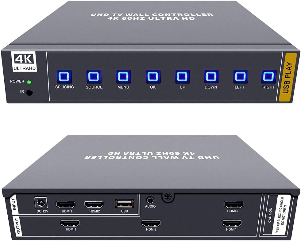 ISEEVY 4K60 HDMI USB UHD Video Wall Controller 2x2 1x2 2x1 1x3 3x1 1x4 4x1 TV Wall Controller for max 4 TVs Splicing Display with HDMI 2.0 and USB Inputs Support Play max 4096x2160@60 Video Picture
