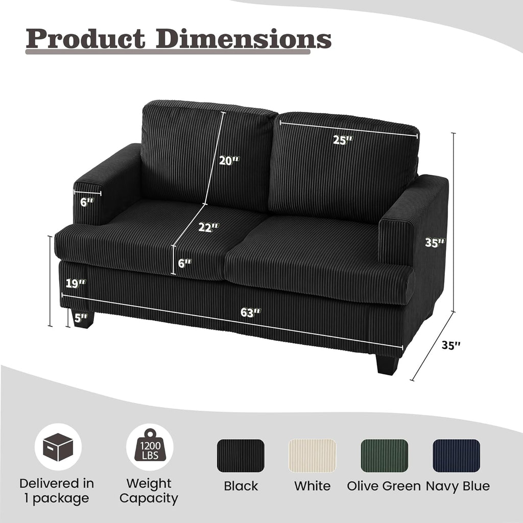 Apicizon Loveseat & 3 Seater Sofa Sets, 89" Couch Sofa Set for Living Room Furniture, 2 Piece Modern Sleeper Sofa with Deep Seat Cloud Couch for Apartment Lounge, Black Corduroy