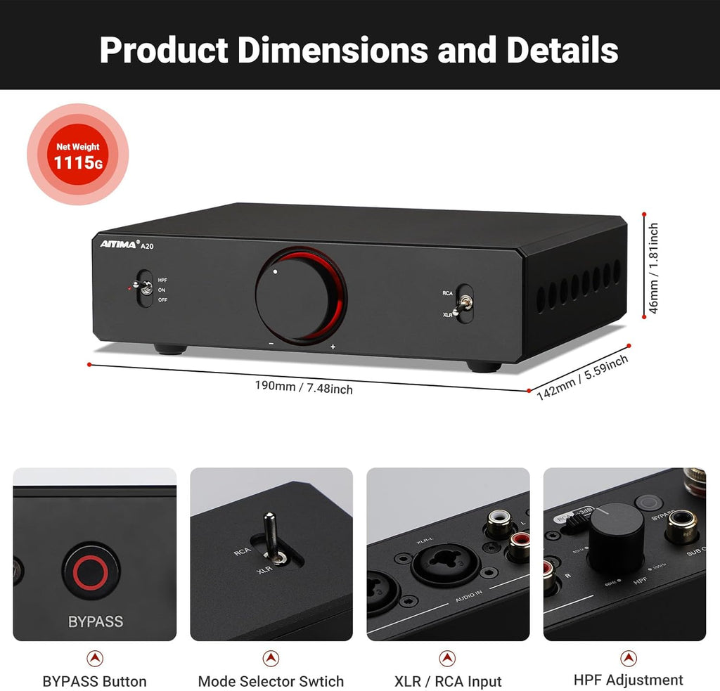AIYIMA A20 2.1 Channel Power Amplifier,300Wx2 HiFi Fully Balanced Stereo Amp with Adjustable HPF&Sub Out,PFFB+TPA3255 Class D Amp,XLR/RCA Inputs,12V Trigger&Bypass Functions
