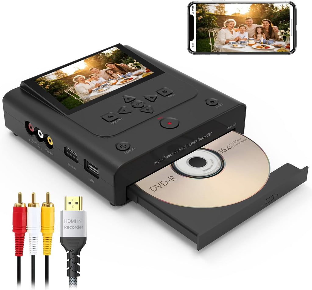 VHS to DVD Recorder, DVD Recorder with HDMI & AV Input, Convert VHS, VCR, Hi8 and Camcorder to DVD, USB, SD or HDD, No PC Needed, 4.3" LCD Preview, Phone Video/Photo to DVD/USB/SD/HDD App Copy
