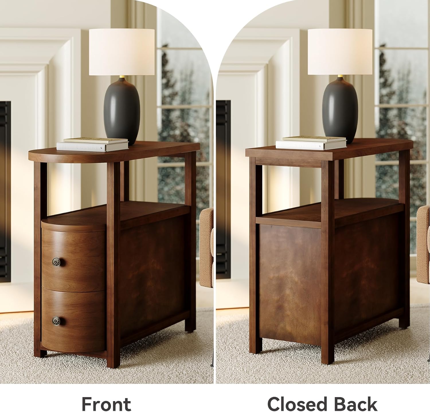 LITTLE TREE Solid Wood End Table with 2 Drawers & Open Shelf, No Assembly Required Side Table for Living Room, Vintage Brown Couch Side Tables, Slim Bedside Table Nightstand for Bedroom