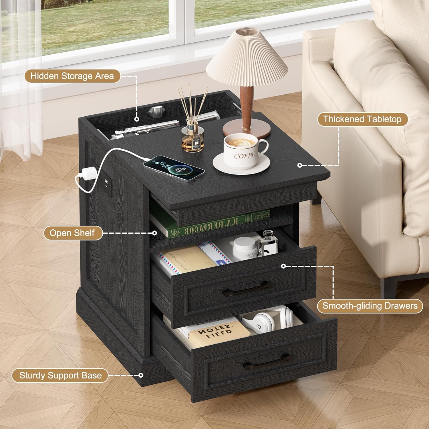 Gadroad 18" Farmhouse Accent Nightstand with Charging Station, End Table with 3 Drawers Storage, Side Table, Bedside Cabinet for LivingRoom Bedroom Office, Black