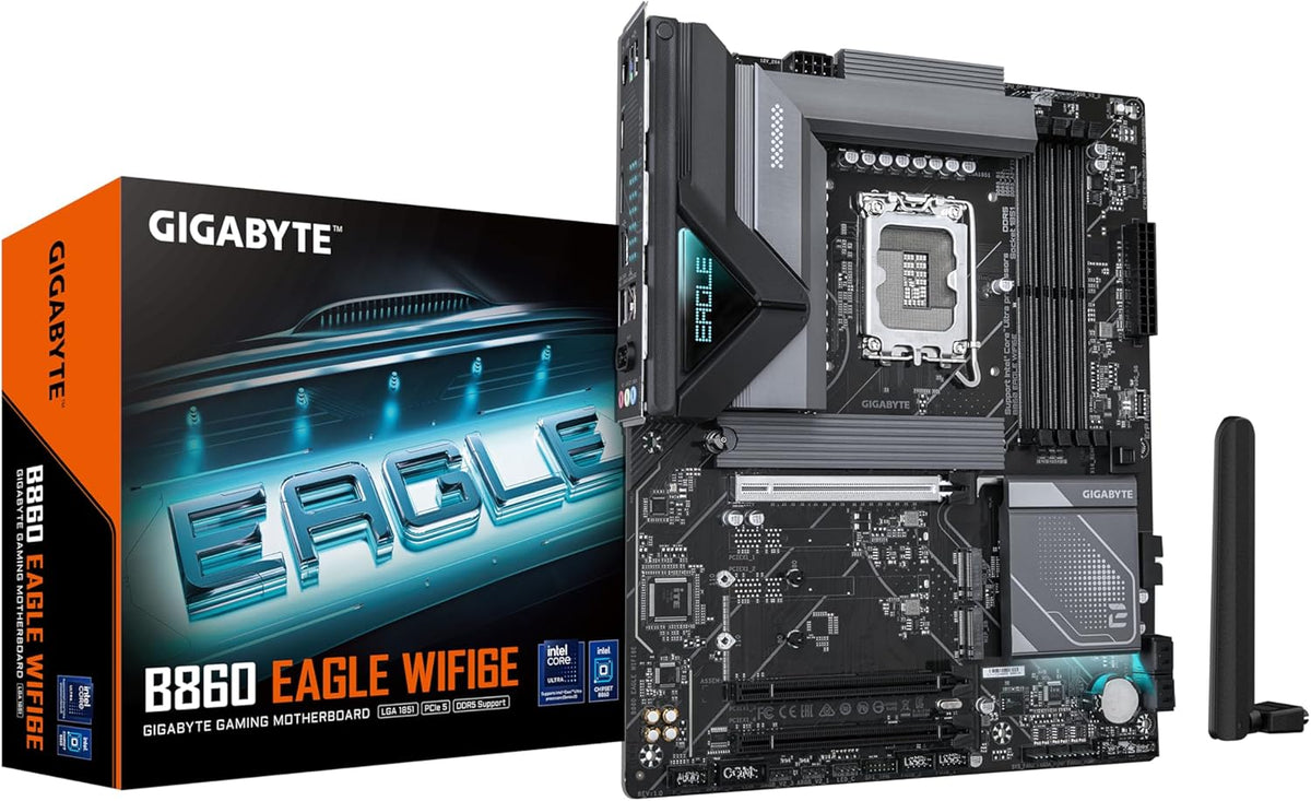 GIGABYTE B860 Eagle WIFI6E Motherboard - Intel Core Ultra Series CPUs, 12+1+2+1 Phases VRM, up to 9066MHz DDR5, 1xPCIe 5.0 + 2xPCIe 4.0 M.2, 2.5GbE LAN, WiFi 6E, USB 3.2 Gen 2x2
