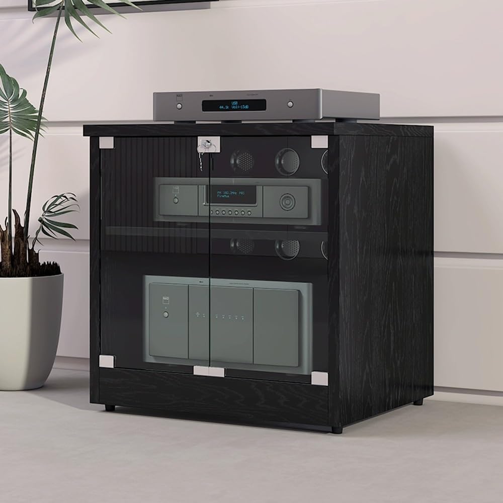 2-Tier Media Storage Cabinet, Wooden Audio Video Media Stand, Modern AV Cabinet with Tempered Glass Doors, Entertainment Stereo Component(Black)