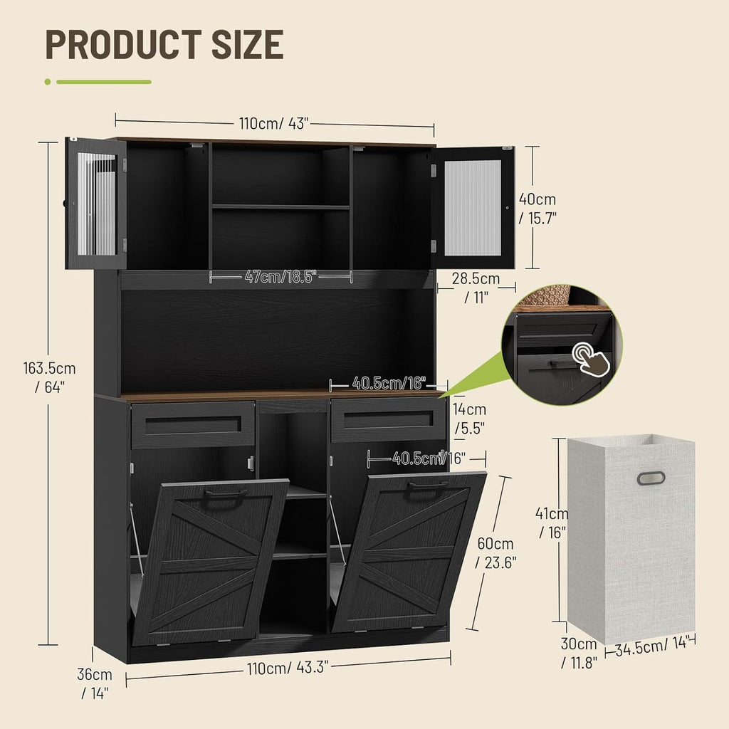 Tall Tilt-Out Double Laundry Hamper Cabinet with 2x11-Gallon Laundry Basket, Trash Bin Cabinet with Fluted Glass Doors, Farmhouse Wooden Bathroom Storage with Push Doors, Black and Walnut
