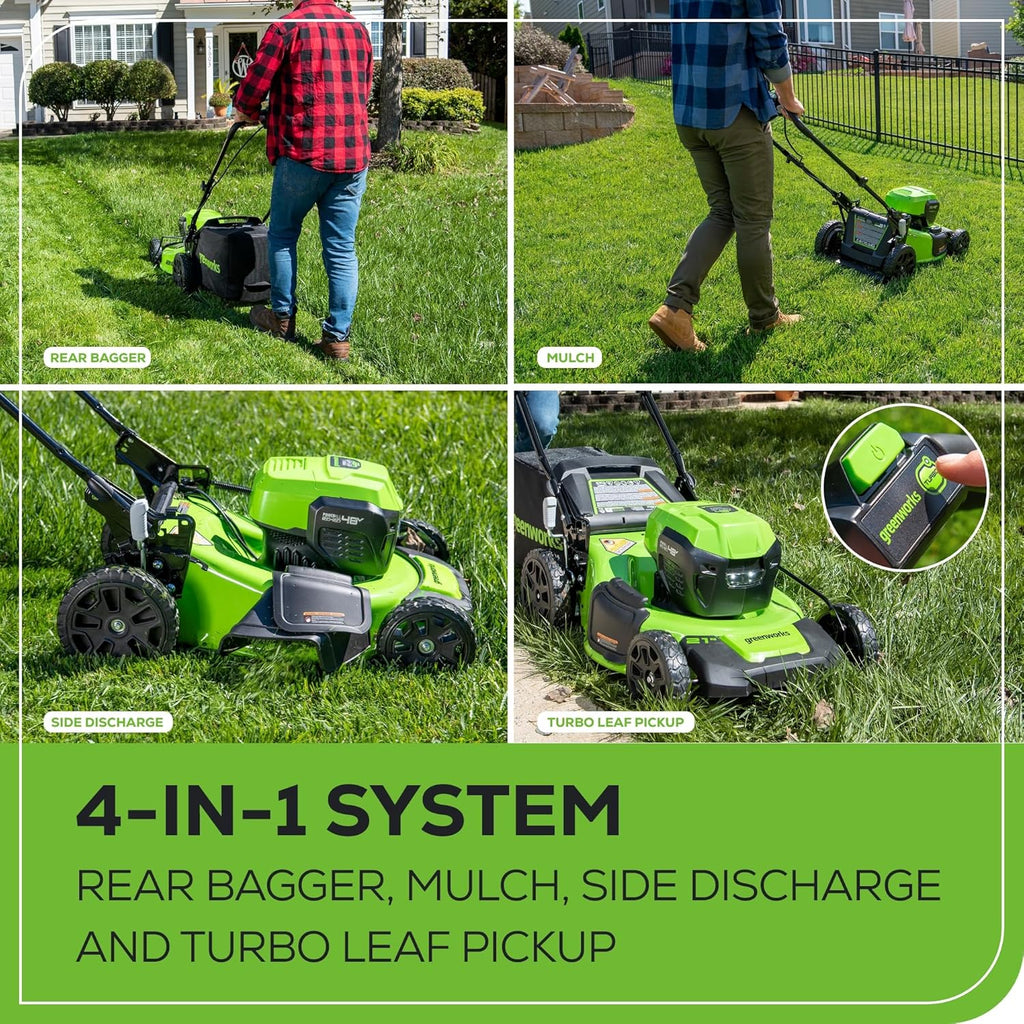 Greenworks 48V (24V x 2) 20" Brushless Cordless Lawn Mower + 12" String Trimmer + 320 CFM Leaf Blower Combo Kit with (2) 4.0Ah Batteries & Dual Port Fast Charger