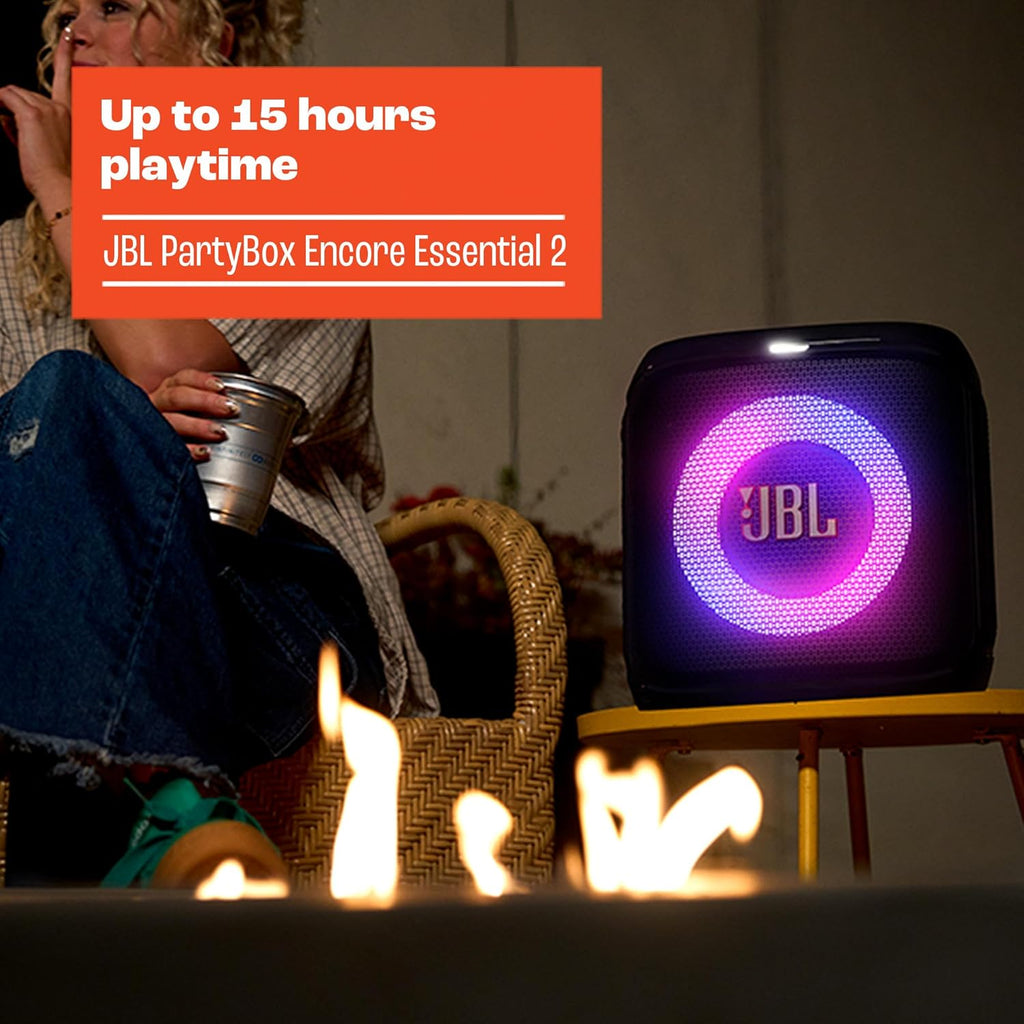 JBL PartyBox Encore Essential 2 - Portable Battery-Powered Party Speaker with AI Sound Boost, Up to 15 Hours of Play time, IPX4 Splash Proof, and Multi-Speaker Connection by Auracast (Black)