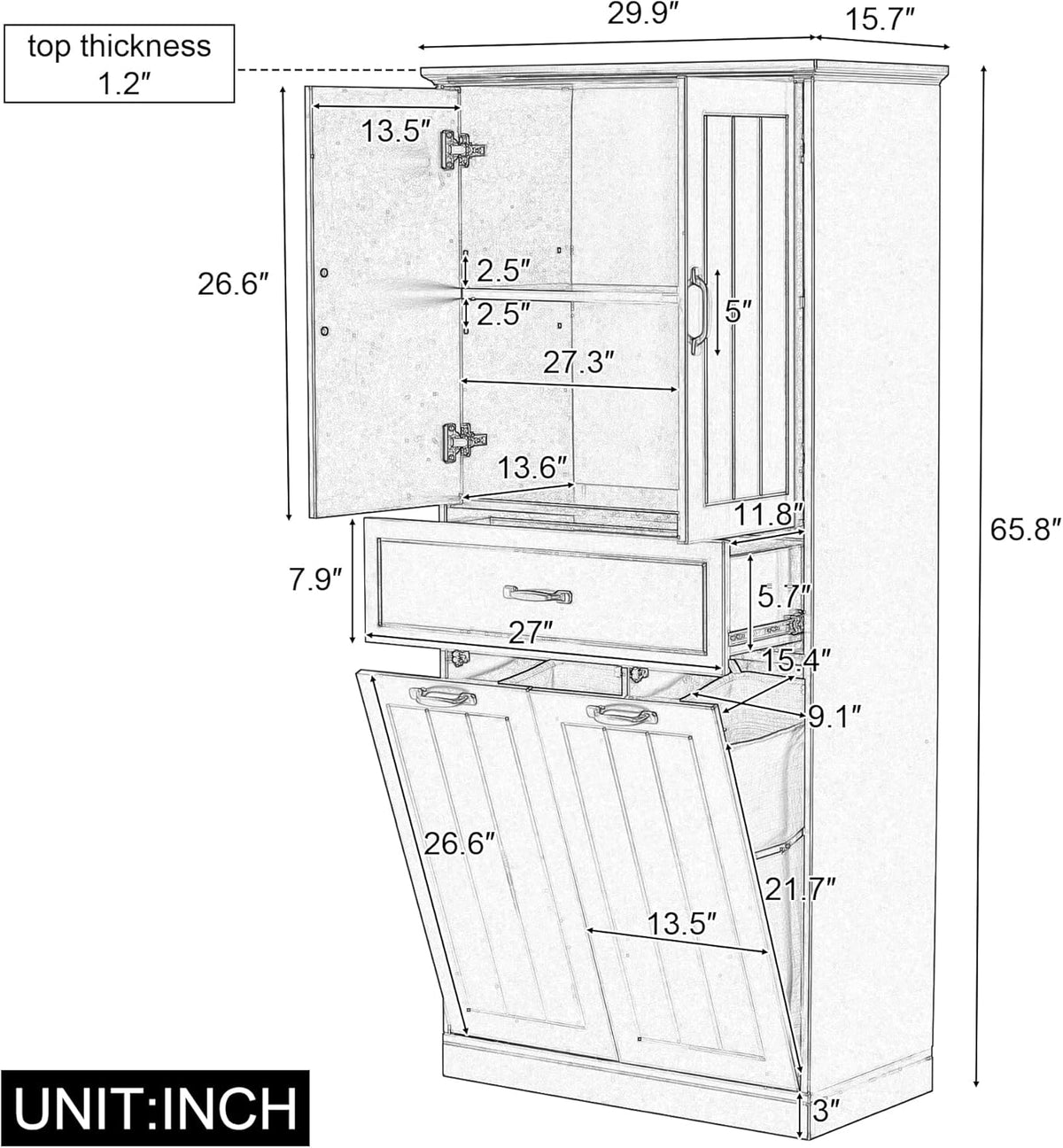 Virubi Tall Laundry Cabinet with 2 Tilt Out Laundry Hamper, Modern Wood Bathroom Storage Cabinet with Drawers, Doors and Adjustable Shelves for Home, Freestanding