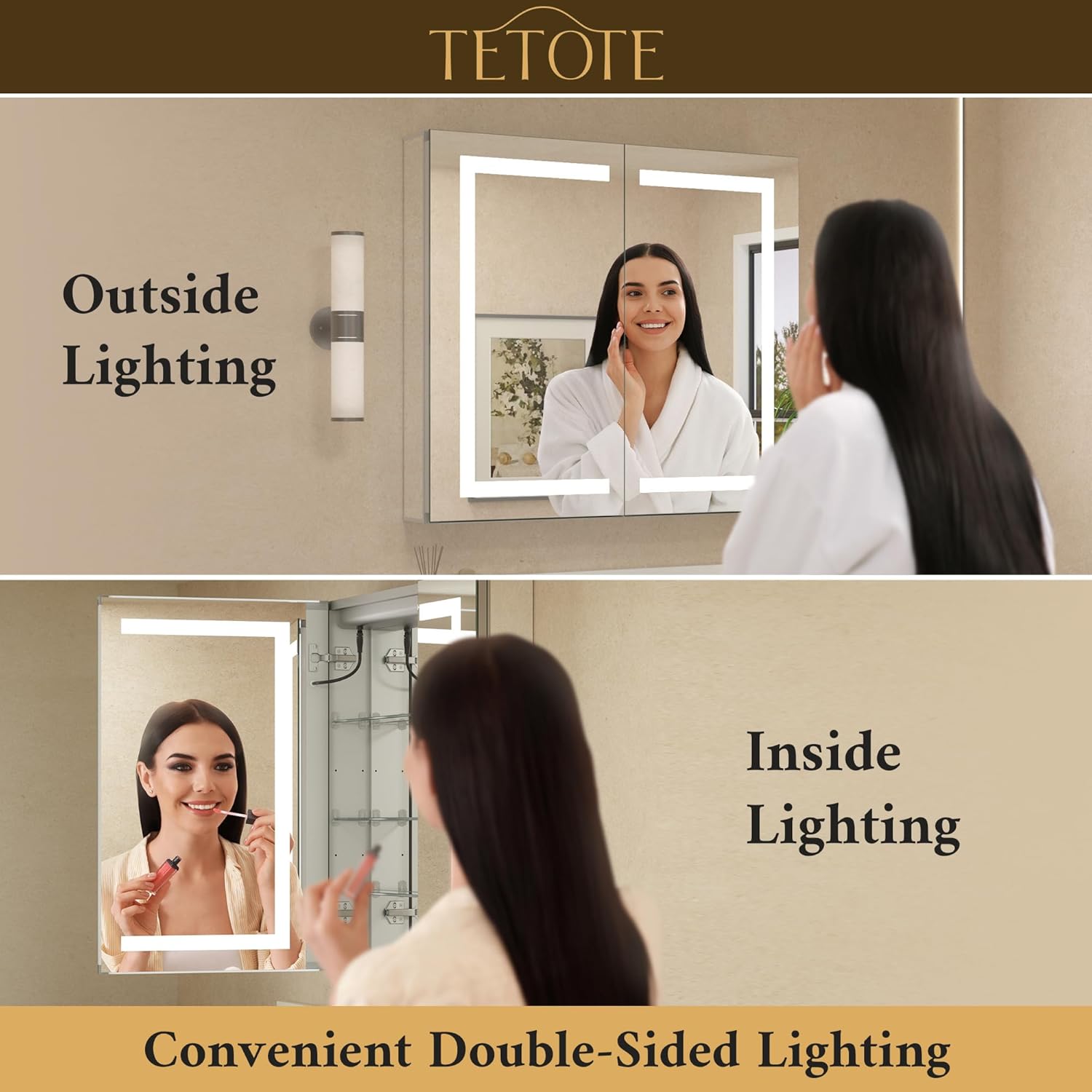 TETOTE LED Lighted Medicine Cabinet Mirror with Tempered Glass 16 x 24 Recessed or Surface Mount Bathroom Cabinet with Lights and Storage, Outlets & USB, 3-Color Dimming, Defog, Adjustable Shelves