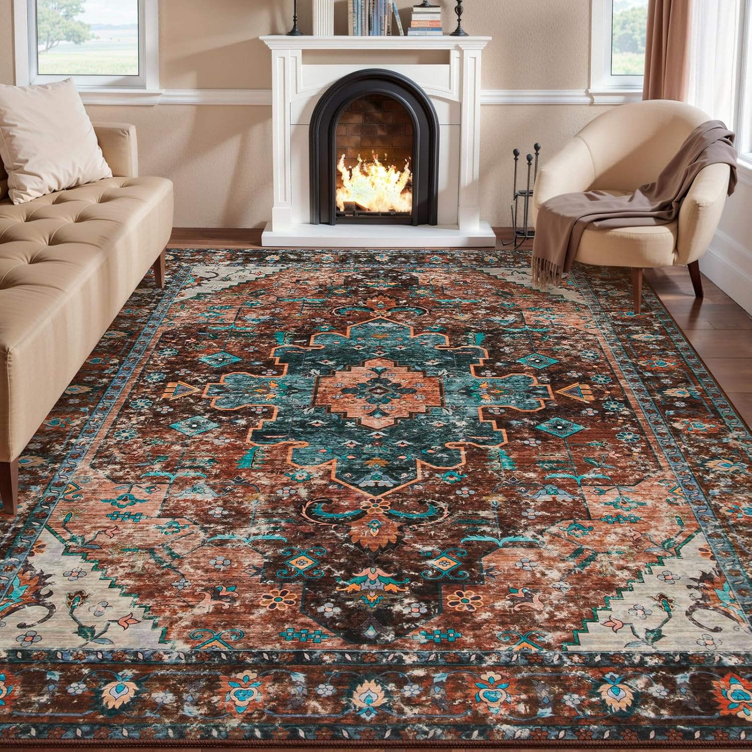 Ciicool 8X10 Area Rugs for Living Room,Washable Large Oriental Non-Slip Carpet for Bedroom Dining Room,Boho Thin Throw Rug for Kitchen