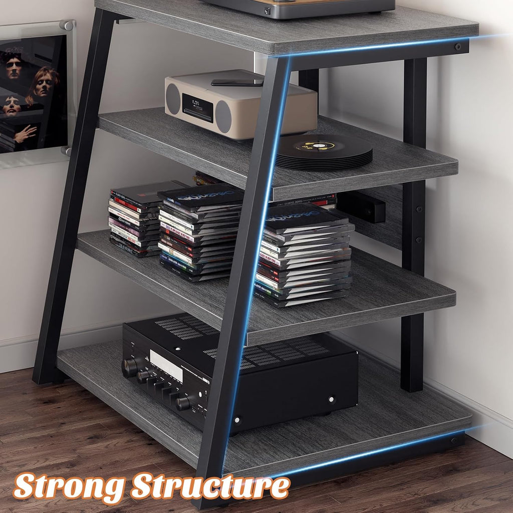 Besiost AV Media Stand with Outlets, Media Console with LED Lights, Stereo Racks and Stands with Storage Shelves, Media Audio Tower Stand, Light Grey Walnut
