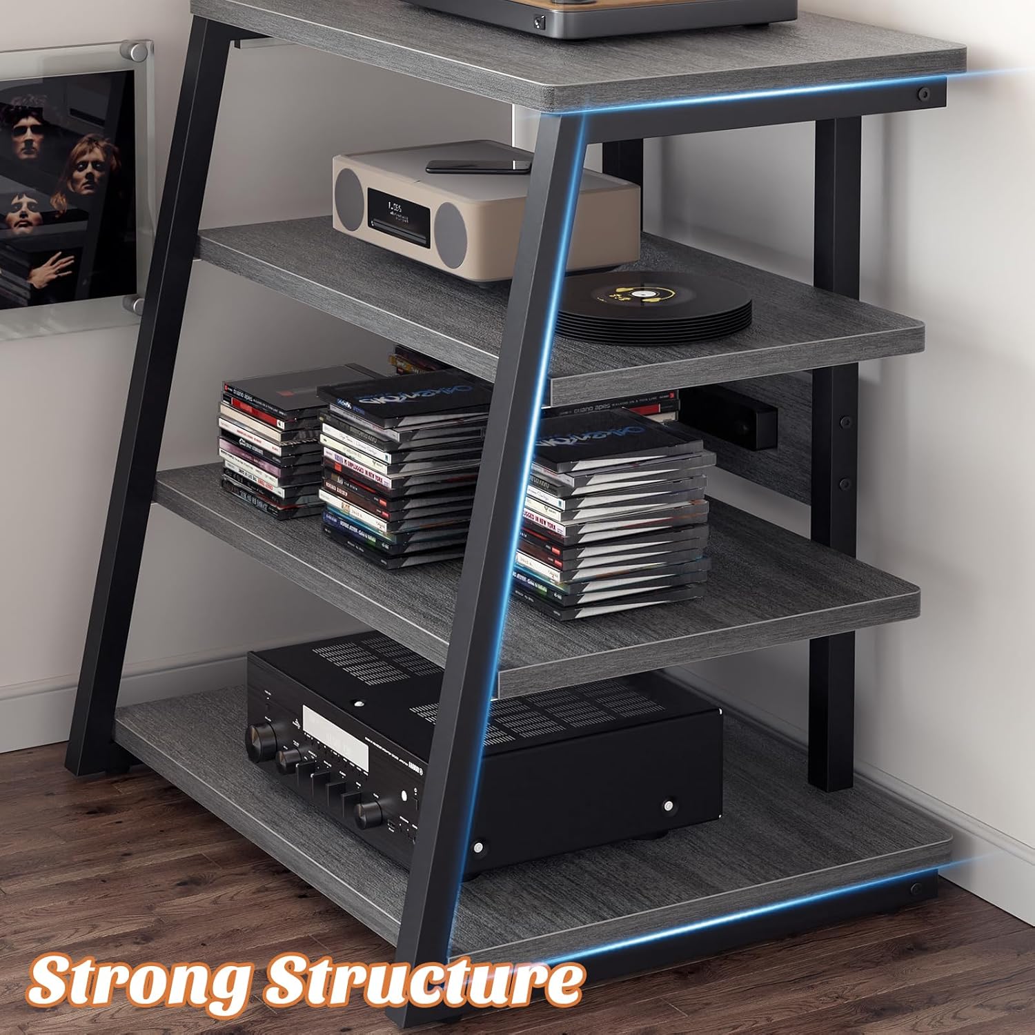 Besiost AV Media Stand with Outlets, Media Console with LED Lights, Stereo Racks and Stands with Storage Shelves, Media Audio Tower Stand, Light Grey Walnut