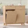 Wodeer Double Tilt Out Laundry Hamper Cabinet with 2 Drawers & Baskets, 20 Gallon Fluted Hidden Trash Can Cabinet, Farmhouse Wood Laundry Storage Cabinets for Bathroom, Kitchen, Natural