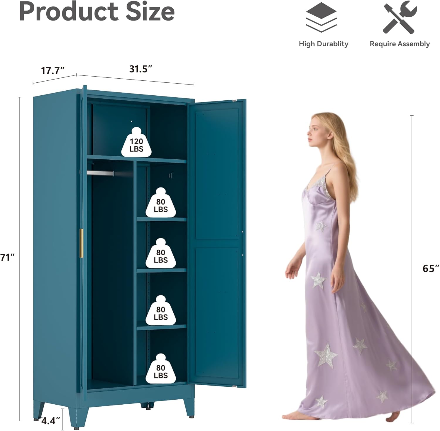 Metal Combination Cabinet, Utility Storage Cabinet with 4 Shelves, Farmhouse Pantry Closet with Doors, 71" Tall Storage Cabinets with Hanging Rod and Clothing Shelf for Bedroom Closet Laundry Mudroom