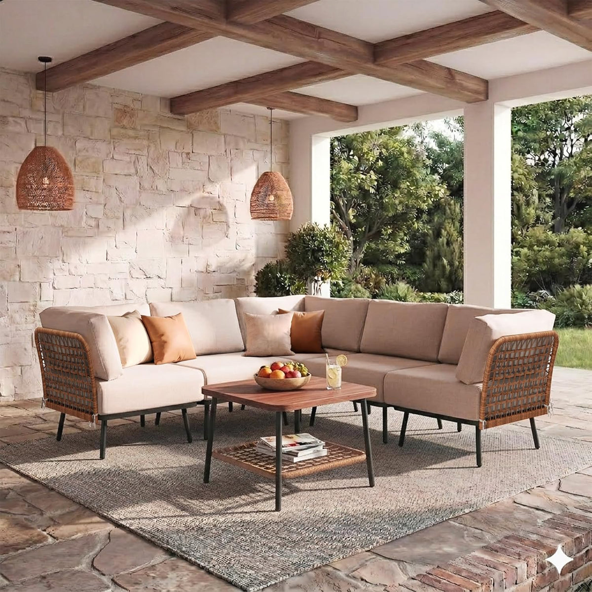 6-Piece Patio Conversation Set, Outdoor Sectional Sofa Modular Wicker Furniture with Thick Cushions & Wood Grain Coffee Table, Patio Furniture for Backyard Porch