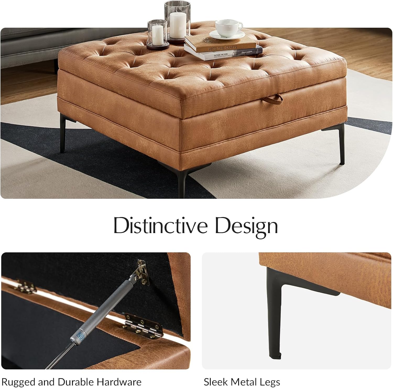 HULALA HOME Faux Leather Coffee Table, 36.5" Square Storage Ottoman with Metal Legs, Button-Tufted Coffee Table with Storage for Living Room, Camel